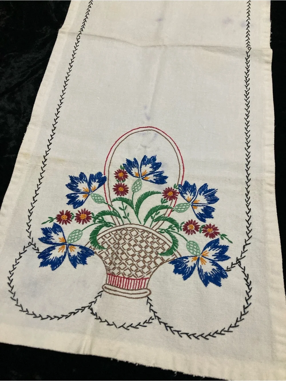 Embroidered Linen Table Runner with Black Stitch Border Flower Basket 36x14”